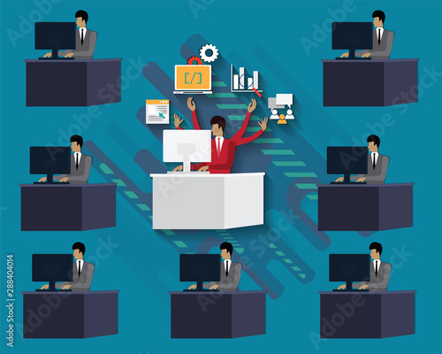Flat design of average worker and multi-skills worker in red suit working together in business workplace, Smart worker concept,Business worker on blue background, Vector Illustration