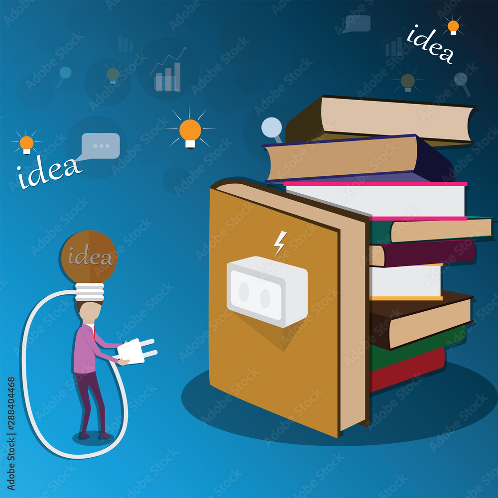 Thinking concept,Imagination,Brainstorming concept with light bulb and books,A man with light bulb recharging power from the books,Abstract brainpower concept ,Vector Illustration Thinking concept,Imagination,Brainstorming concept with light bulb and books,A man with light bulb recharging power from the books,Abstract brainpower concept ,Vector Illustration