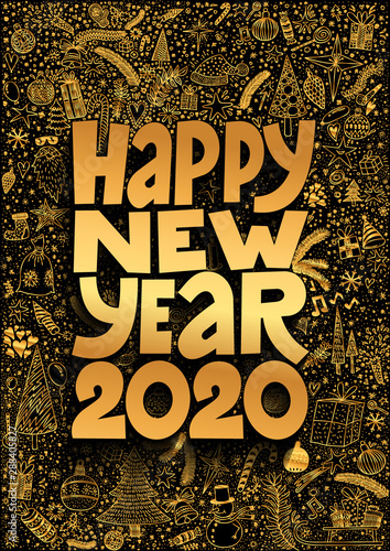 Happy New Year 2020 Cute hand drawn gold doodle ink cartoon. Merry Christmas calendar, poster, greeting card. Vector illustration. Isolated on white background.