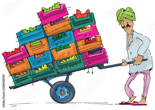 An indian market worker in turban pushing huge trolley full of boxes with oranges. Caricature. Character