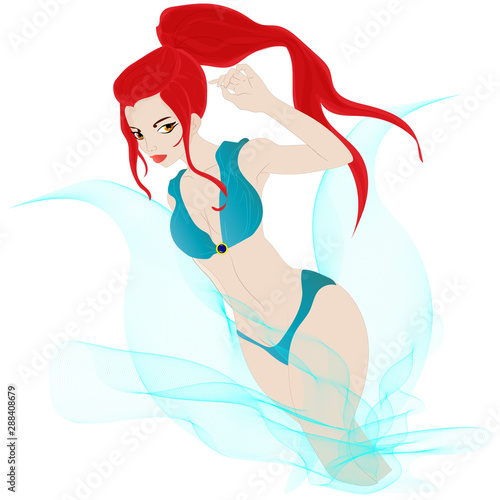 Genie girl in blue smoke. Halloween. Vector art