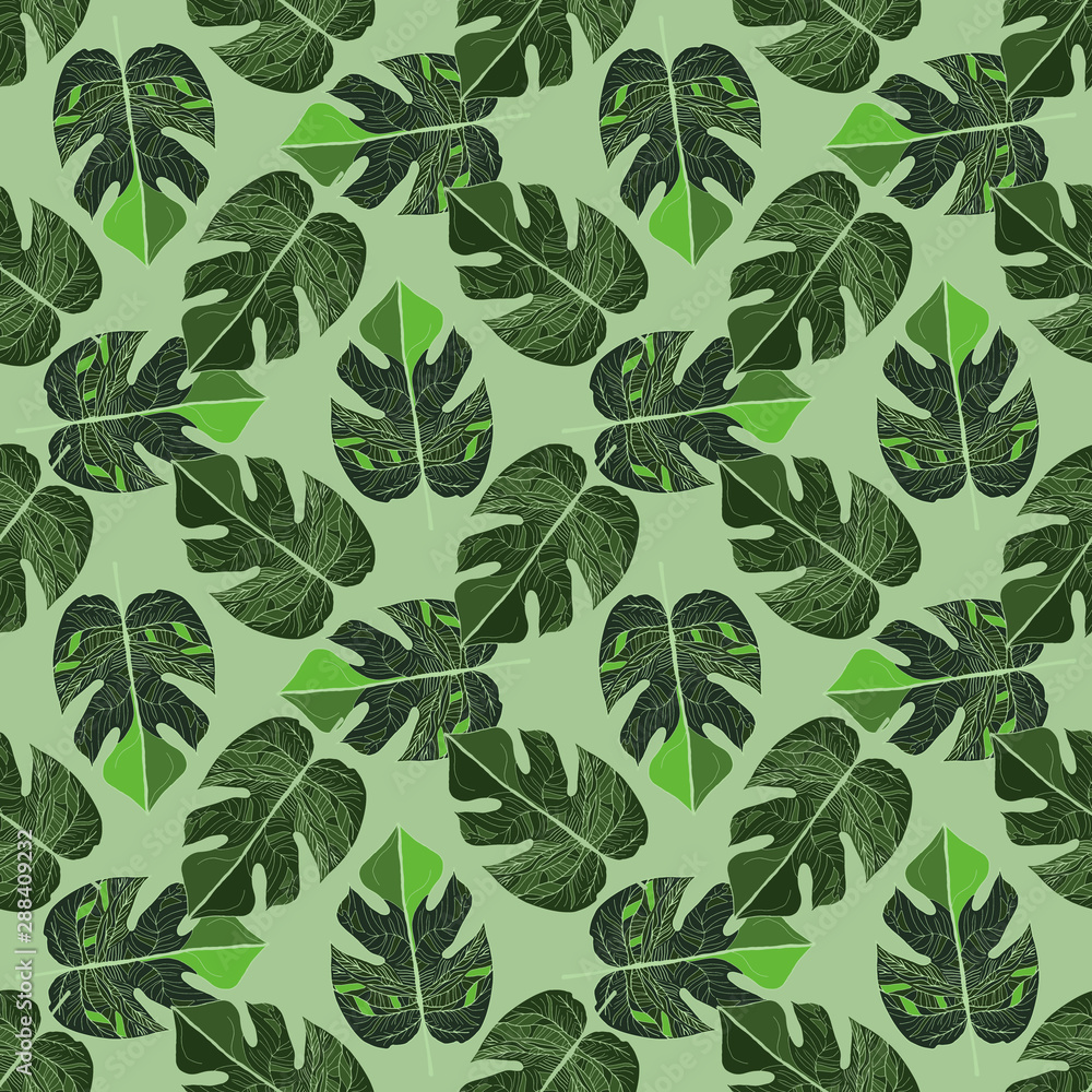 seamless vector  green pattern with palm leaves in line art style. Tropical background.