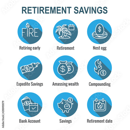 Retirement Savings Icon Set - money bags, nest egg, calendar and more