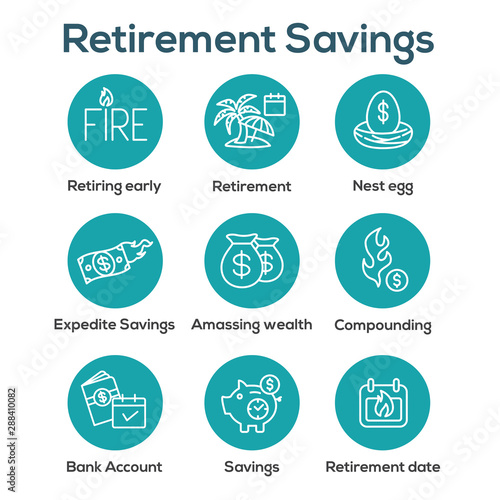 Retirement Savings Icon Set - money bags, nest egg, calendar and more