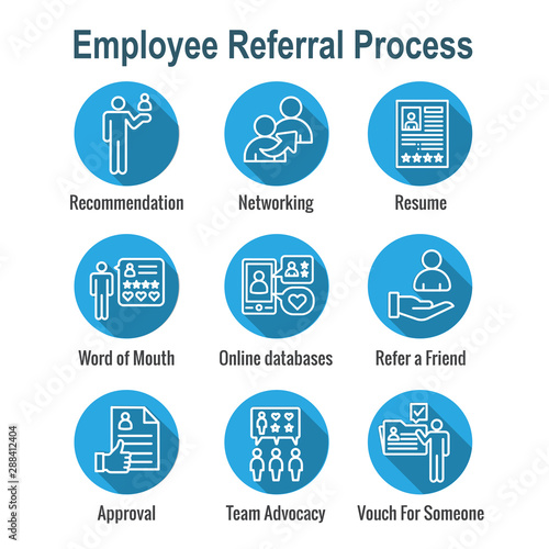 Employee Referral Process Icon Set with Networking, Recommendation, reference