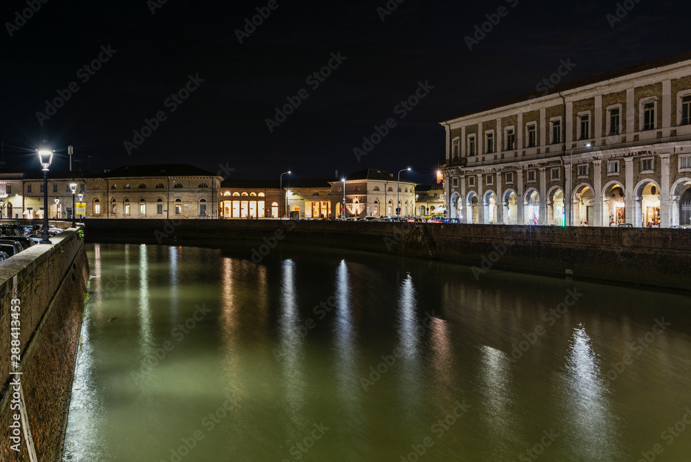 View Portici Ercolani and Foro Annonario of Senigallia by night