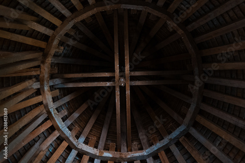 Abstract background of wooden roof with big round.