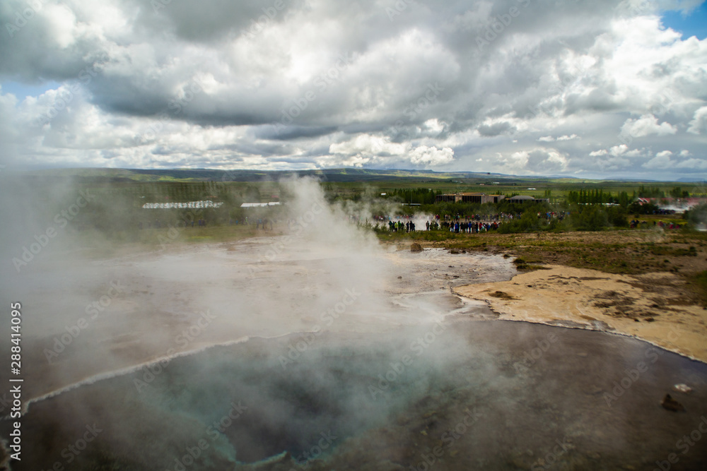 View of Geysir, geothermal volcanic area, tourist popular attraction, destination on Golden circle. Must visit place in Iceland