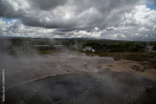 View of Geysir, geothermal volcanic area, tourist popular attraction, destination on Golden circle. Must visit place in Iceland