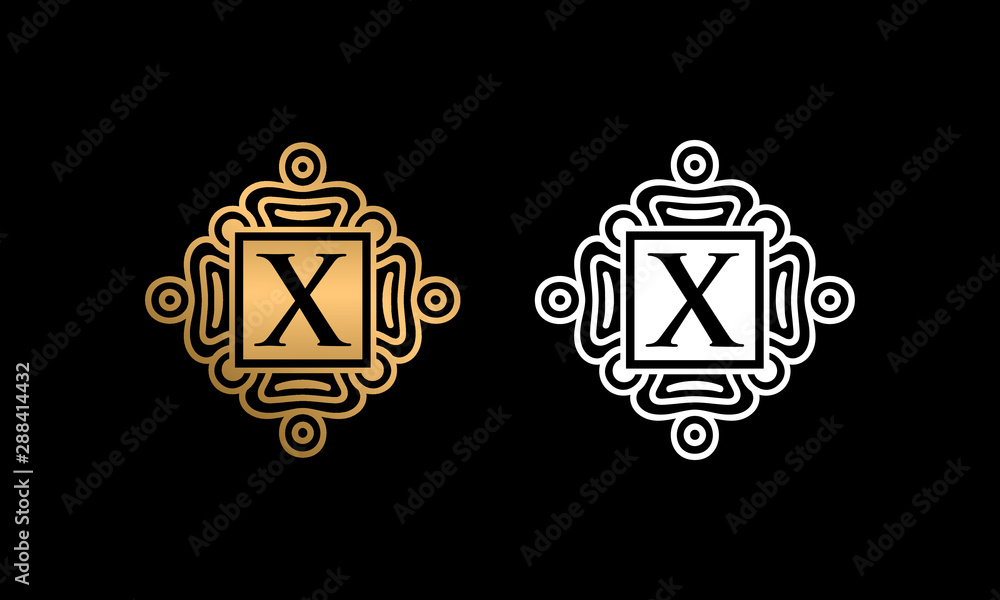 X letter initial logo design vector template, Letter X Logo Design With Square ornament, Gold and white ornament with X letter logo design, luxurious B letter logo, X letter logo icon for beauty X letter initial logo design vector template, Letter X Logo Design With Square ornament, Gold and white ornament with X letter logo design, luxurious B letter logo, X letter logo icon for beauty