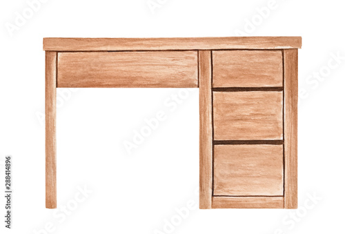 Wooden desk watercolour illustration. Traditional furniture for student, pupil, stationary computer, "white collar" working place. Handdrawn water color painting, cut out clip art element for design.