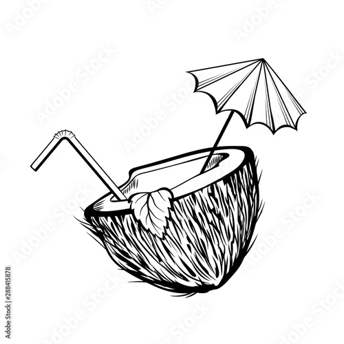 Coconut cocktail black and white illustration. Coco half with umbrella and straw coloring picture. Summer refreshment, summertime recreation monochrome drawing. Exotic drink, tropical beverage