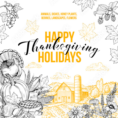 Happy holidays greeting card vector template. Seasonal tradition, thanksgiving celebration postcard layout with typography. Farm animals, honey plants, flowers and dishes hand drawn illustration
