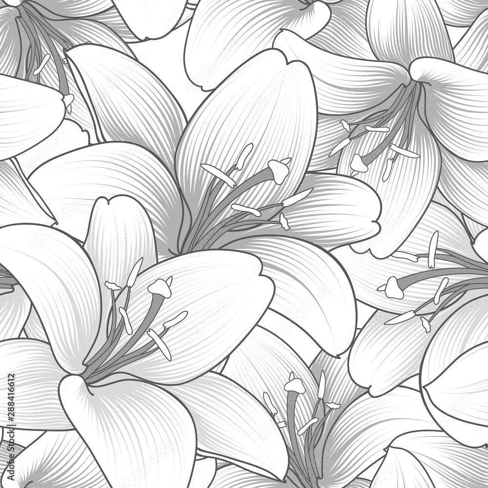 Fototapeta Hand drawn seamless floral pattern with purple lily flowers and tropical leaves. Vector illustration. Element for design.