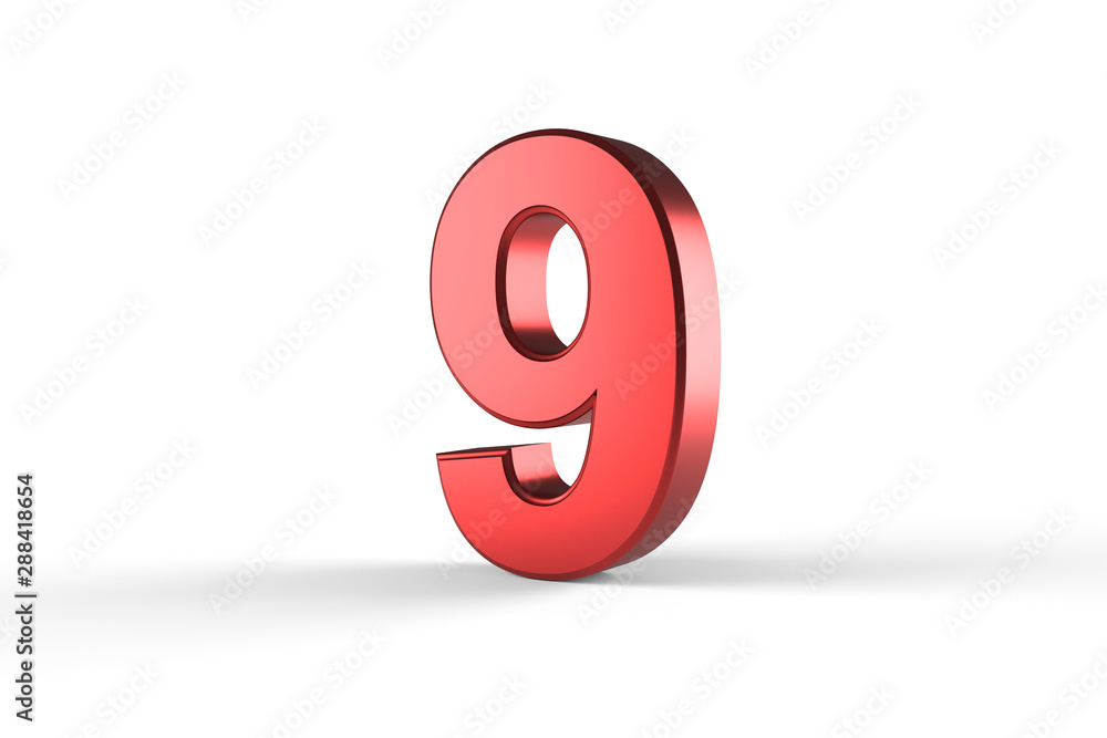 3D Red Number 9 Isolated White Background