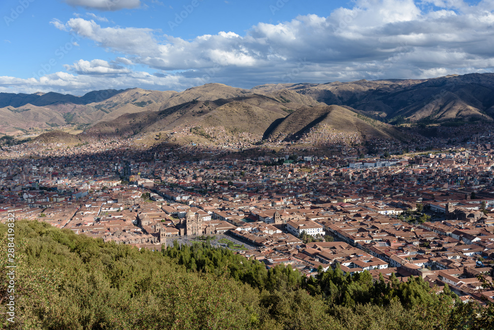 Panoramic City view of Cusco from Sacsayhuaman ruins in the hills, Peru, South America.