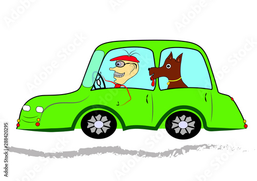 Happy man and dog driving car. Vector.