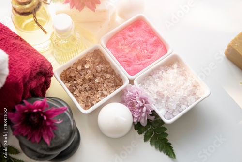 Beautiful composition of spa treatment on white background