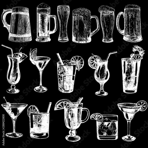 Set of hand drawn sketch style beer and highball cocktails isolated on black background. Vector illustration.