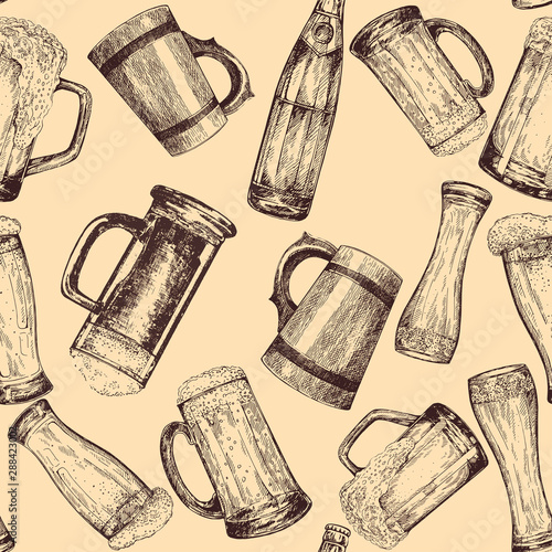Seamless pattern of hand drawn sketch style beer mugs with bottles. Isolated vector illustration.