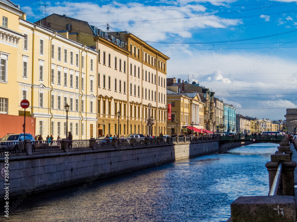View of the Griboyedov Canal and the Italian Bridge (Italyanskiy Most). In St. Petersburg, Russia