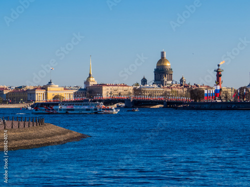 Neva River and the Rostral Columns (Russian: Rostralnie Kolonni) with fire to celebrate the Victory Day (9th of May commemoration of the surrender of Nazi Germany in 1945). In St. Petersburg, Russia