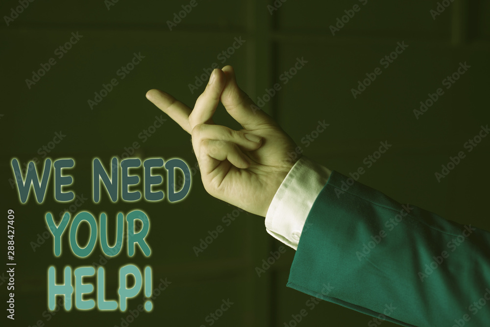 Obraz Text sign showing We Need Your Help. Business photo text asking someone to stand with you against difficulty Isolated hand pointing with finger. Business concept pointing finger