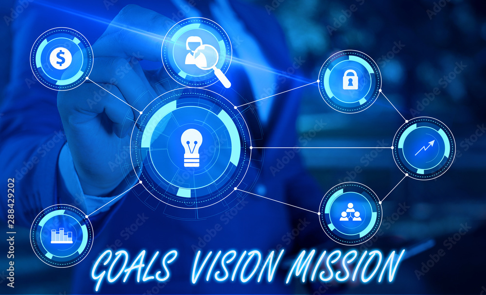 Writing note showing Goals Vision Mission. Business concept for practical planning process used to help community group Male wear formal suit presenting presentation smart device Writing note showing Goals Vision Mission. Business concept for practical planning process used to help community group Male wear formal suit presenting presentation smart device
