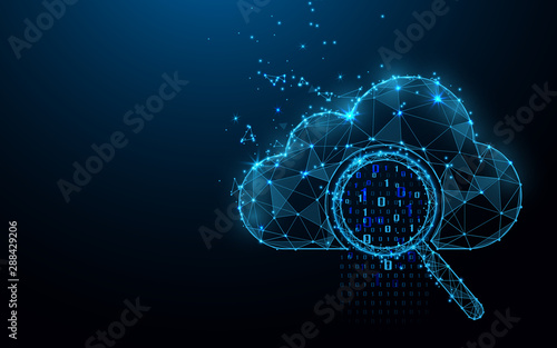 Cloud online storage technology concept. Big data data information exchange available. Magnifying glass with analytics data