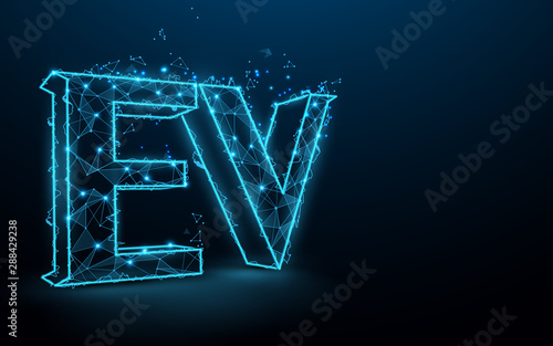 EV or electric vehicle icon from lines, triangles and particle style design. Illustration vector
