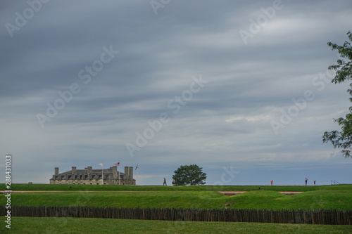 Porter, New York, USA: Visitors on the 23-acre grounds of Old Fort Niagara; the 18th-century 