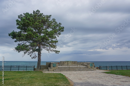 Porter, New York, USA: The observation platform on the 23-acre grounds of Old Fort Niagara, on a cloudy day on Lake Ontario.
