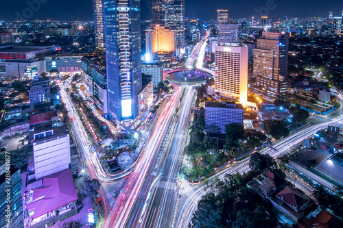 Aerial scenic of light trails of vehicles in Jakarta city