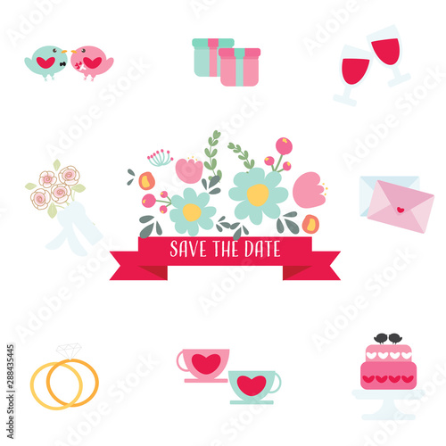 cute flat style wedding elements icons in blue and pink tone