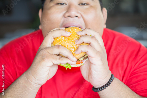 Voracious obese man enjoying a big hamburger