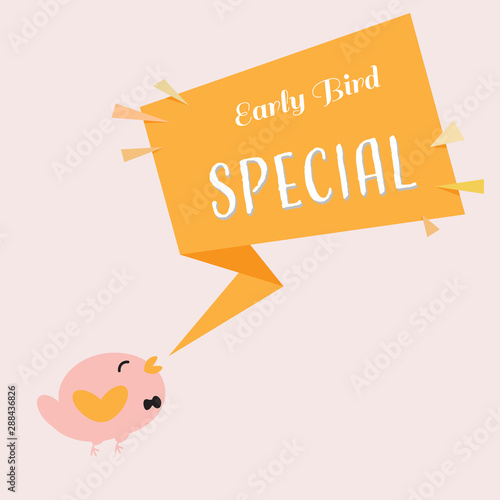 early bird special discount banner with cute bird and ribbon shapes promotional design template eps10 vector illustration