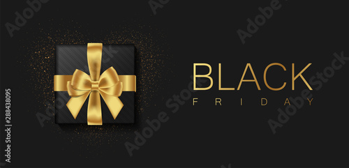 Black Friday sale. Gift box decorated with a gold bow on black background. Top view. Vector illustration.