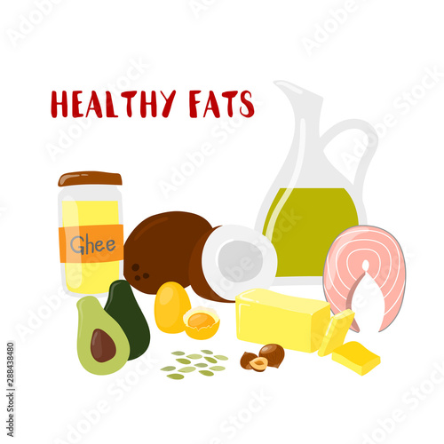 Food with Healthy fats and oils banner isolated on white. Ghee, butter, coconut, salmon, nuts, olive and avocado products. Vector cartoon illustration