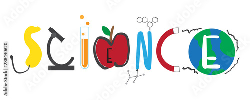 Science text word in stem science technology  chemical physics astronomy biology with earth environment colorful kid chirldren  education concept on white background isolated eps10 vector illustration