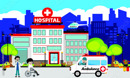 Fototapeta Naklejka Na Ścianę i Meble -   Patient care concept. Vector of doctor team standing on a hospital building, ambulance car background