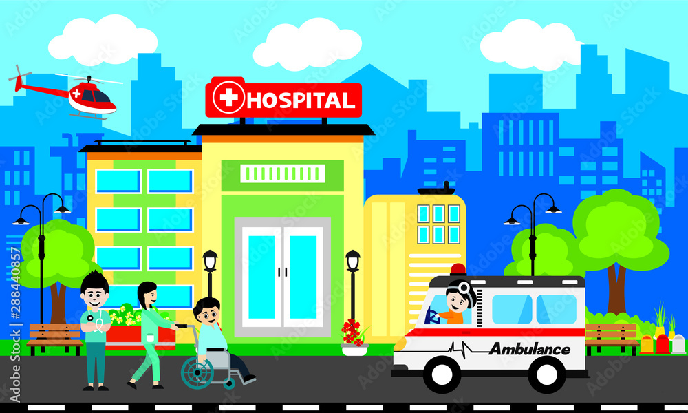  Patient care concept. Vector of doctor team standing on a hospital building, ambulance car background