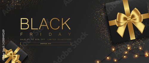 Black Friday sale banner. Sparkling lights with gifts box, and glitter gold design on black background. Top view. Vector illustration.