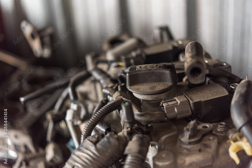 Disassembled car dirty engine cylinder at garage Disassembled car dirty engine cylinder at garage