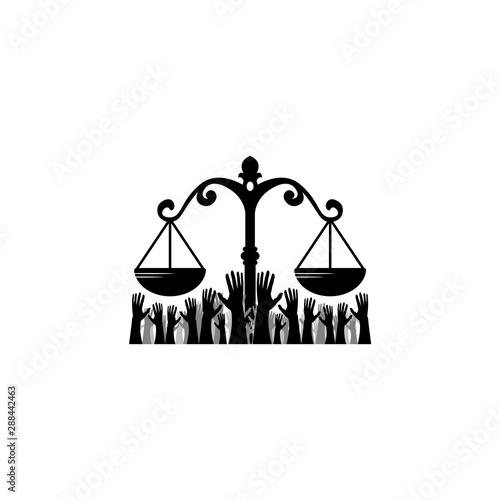 justice for everyone with hands and scales logo vector icon ilustration, Equality of law with many hands raised