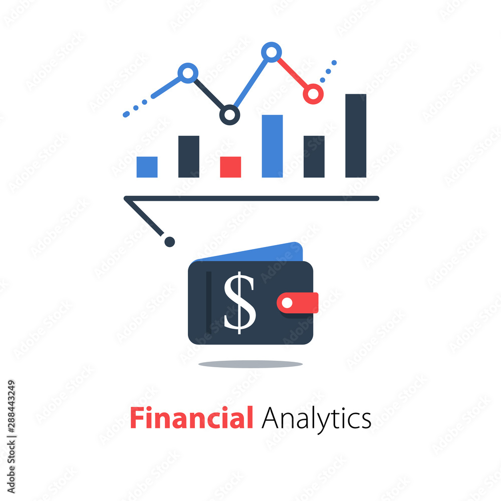 Financial analysis, business performance report, revenue growth chart, income increase graph, investment strategy, vector flat illustration