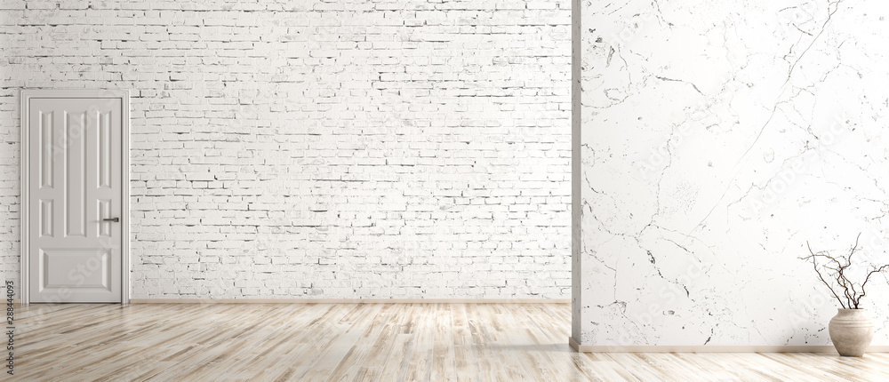 Interior background of empty room with brick wall, vase with branch and door 3d rendering - obrazy, fototapety, plakaty 