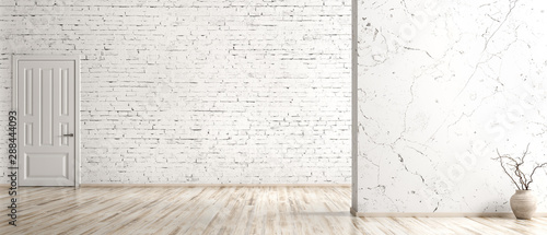 Fototapeta Naklejka Na Ścianę i Meble -  Interior background of empty room with brick wall, vase with branch and door 3d rendering