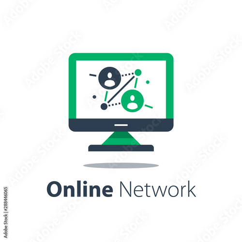Online network, computer monitor, internet portal, people connection, distant work, public relations, big data technology, vector flat illustration