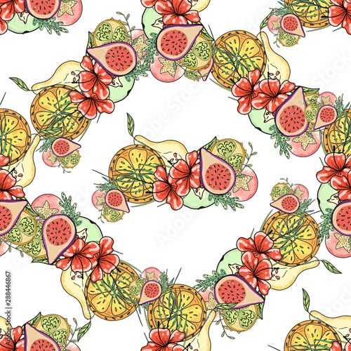 Fototapeta Naklejka Na Ścianę i Meble -  Tropical fruit pattern, great design for any purposes. Seamless fruit background. Flat style illustration. Exotic wallpaper. Vector illustration bright design.