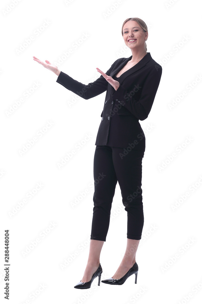 young businesswoman showing on copy space. isolated on white young businesswoman showing on copy space. isolated on white